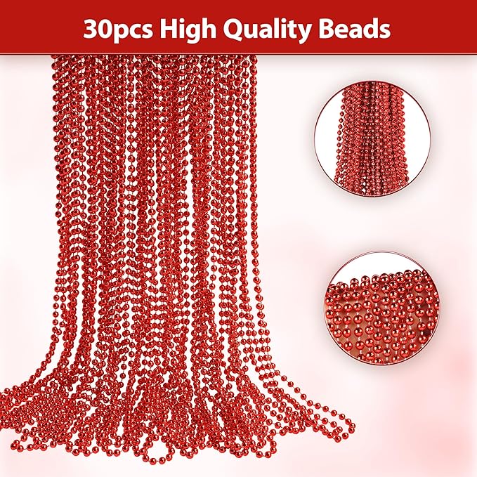HOOSUN 30 Pack Red Beads Necklaces Bulk,Christmas Beads Necklaces Party Favors,Mardi Gras Beads Necklaces for Party,School Event,Parade Throw,Christmas Outfits Accessories for Women Kids