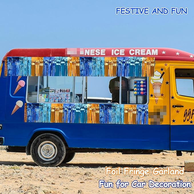 4 Packs Total 39 Ft Parade Floats for Trailer Car, Orange Blue Foil Fringe Garland Tinsel Blue Dog Themed Streamers Hanging Banner Table Skirts for Graduation Homecoming Birthday Dog Themed Party