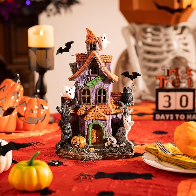 Valery Madelyn Haunted House Figurine with Bat Ghost Pumpkin for Halloween Decorations, Large Pre-Lit Lighted Resin Village Statue with LED Light for Indoor or Outdoor Party Table Decor, 12 inch