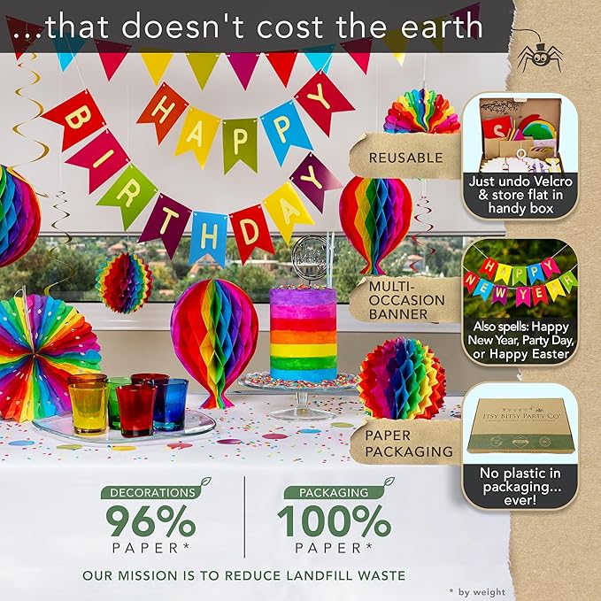 Premium Reusable Happy Birthday Decorations - Colorful Rainbow Birthday Decorations for Kids, Women, and Men - Multi-occasion Banner, Pennant Banner, Paper Fans - Party Decor by Itsy Bitsy Party Co