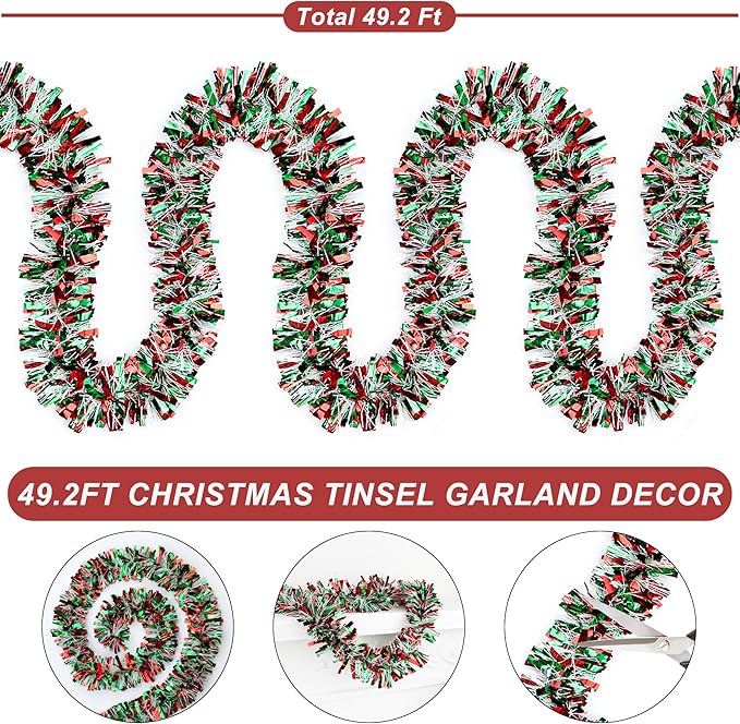 50 FT Red & Green & White Christmas Tinsel Garland Metallic Twist Shiny Hanging Garland for Christmas Tree Decorations Xmas Holiday Decor for Home Indoor Party Supplies - Red Green White