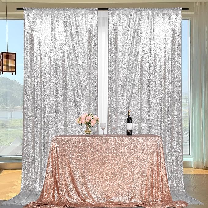 PartyDelight Silver Sequin Backdrop 5x10ft 2 Panels - High Density 3mm Shimmer Sequin Background with 4-Inch Rod Pocket, Sparkly Photography Curtain for Wedding, Stage & Event Decor
