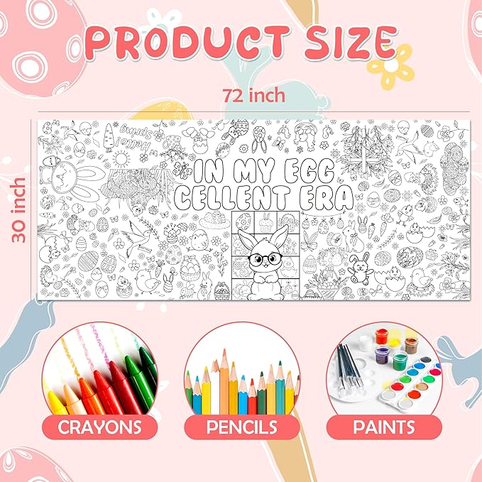 OHOME Easter Crafts for Kids - Easter Giant Coloring Poster/Tablecloth - 72×30 Inch Banner Kids Games Gifts Treats Activities Decor Party Decorations for Classroom School
