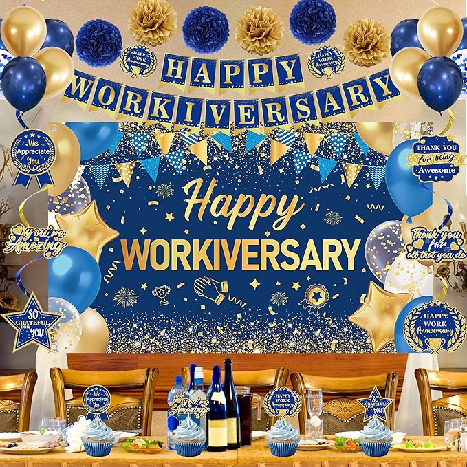 DARUNAXY Happy Workiversary Party Decorations for Men Women, Blue Gold Happy Work Anniversary Banner Cake Topper Hanging Swirl Confetti Balloons Decor Set for Employee Office Party Supplies(31PC)