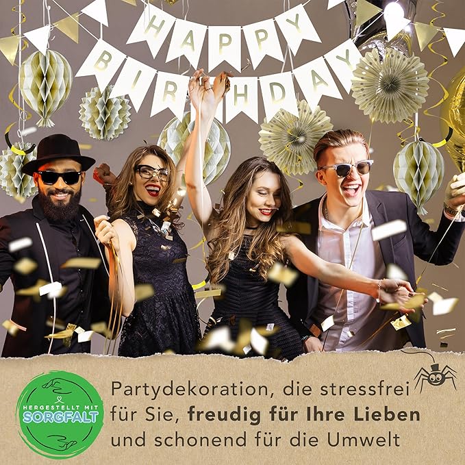 Premium Reusable Birthday Decorations - Multi-occasion Happy Birthday Banner also spells Party Day + more, Fast Assembly with Velcro - White and Gold Party Decorations for Men and Women