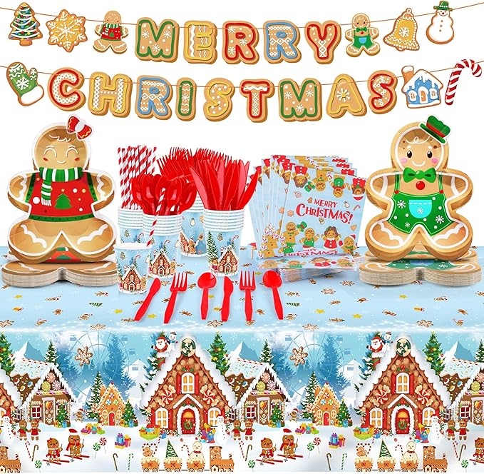 durony 194 Pieces Gingerbread Christmas Tableware Set Party Supplies Includes Paper Plates Napkins Cups Straw Plastic Tablecloth Knife Fork Spoon Serve 24 Guests for Xmas Holiday Party Decorations