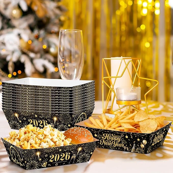 50Pcs New Year Eve Food Trays, 5.94" x 3.34" x 2.16" NYE Party Supplies 2026 Food Boats, Black Gold Serving Trays for Hot Dog Popcorn Taco, Disposable Snack Boats for New Year Decorations
