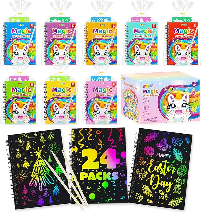JOYIN 24 Pack Rainbow Scratch Art Notebook, Party Favors for Kids, Art Crafts Kit, Goodie Bags Stuffers for Girls Boys, Return Gifts for Birthday, Classroom Prizes, Bulk Gifts for Valentines Easter