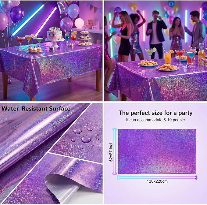 Purple Birthday Decorations - 2 Pack Laser Purple Tablecloth for K‑Style Demon Music Theme Birthday Decorations - Pink Party Decor for Korean Pop,Iridescent Party Decorations for Bachelorette Bridal