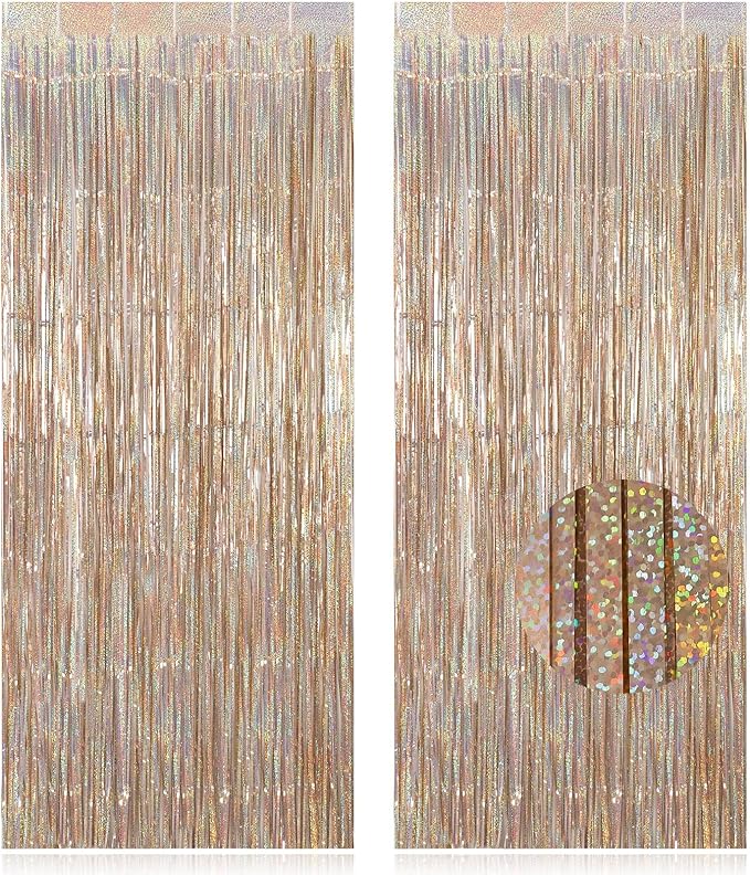2 Pack Fringe Curtains Backdrops, Foil Fringe Curtains, Door Streamers for Birthday Wedding Bridal Shower Holiday Graduation Party Decorations, Photo Booth Backdrops, Glitter Champagne