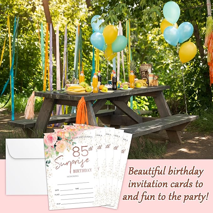 Zodvery Surprise 85th Birthday Party Invitations Cards - 85 Years old Rose Floral Pink Theme Party Supplies for Adult, Woman or Man - 20 Fill in Birthday Party Invitations and 20 Envelopes set/67