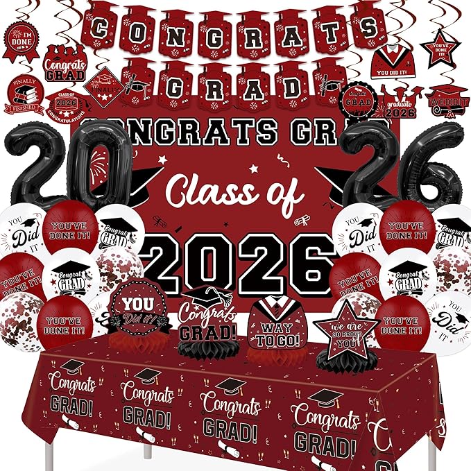 Graduation Decorations 2026, Class of 2026 Backdrop, Banner, 2026 Foil Balloons, Tablecloth, Hanging Swirls, Honeycomb Centerpieces, Party Supplies Decorations Set for College (MAROON)