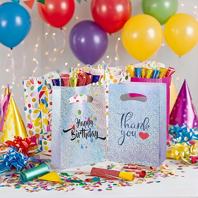 UnicoPak 16 Pack Premium Iridescent Party Favor Bags - 6x3x9 Glitter Goodie Bags for Birthday Party, Wedding - Sturdy Holographic Gift Bags with Auto-lock Bottom, Customizable for Treats & Cookies