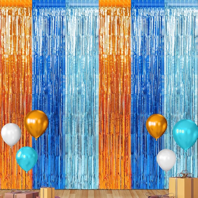 6 Pack 3.3X6.6Ft Blue Dog Foil Fringe Curtains Backdrop Decorations, Orange and Light Blue Birthday Party Tinsel Metallic Streamers Photo Booth Background for Dog Theme Party Supplies