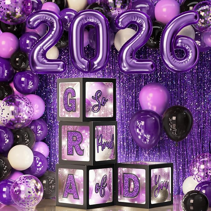 Graduation Party Decoration Class of 2026 86PCS Purple & Black Graduation Party Supplies High School College Grad Balloon Boxes with Letter, LED String Light, Foil Curtain, Balloon Garland Kit