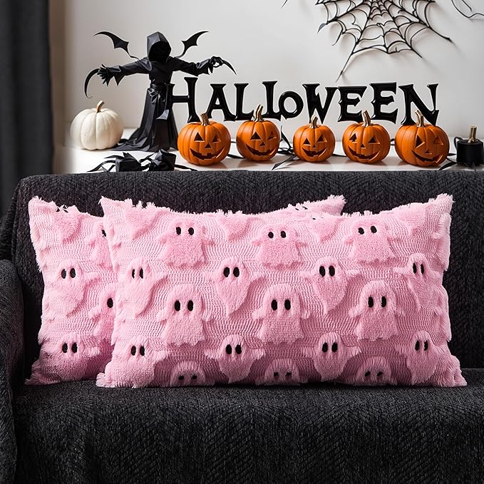 DFXSZ Halloween Pillow Covers 12x20 inch Set of 2 Pink Ghost Throw Pillow Cases Soft Plush Faux Fur Wool Couch Cushion Case for Chair Sofa Bedroom Living Room Home Decor PTK03B12