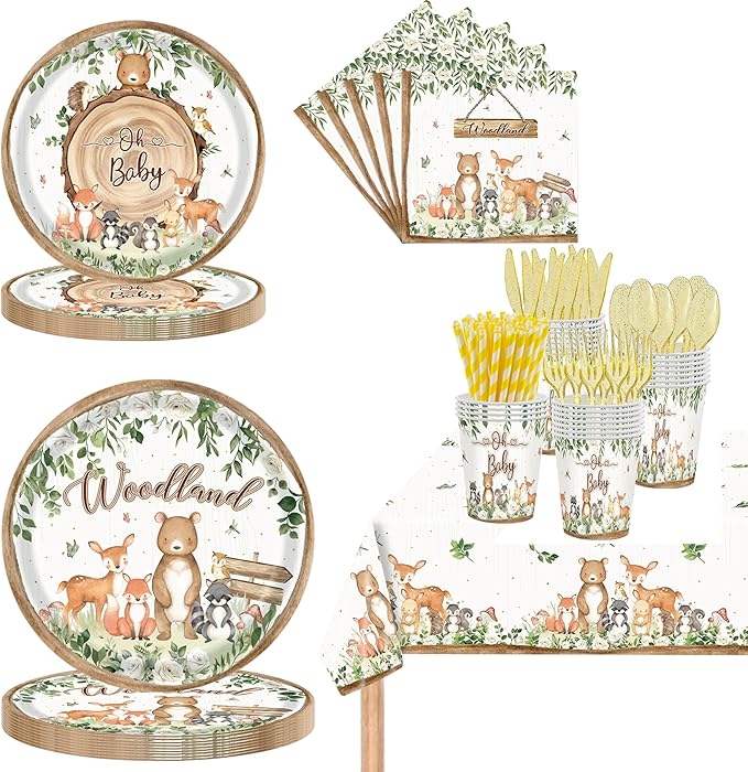 193 Pcs Woodland Baby Shower Party Supplies for 24 Guests - Jungle Animal Theme Decorations with Plates, Cups, Napkins, Cutlery, Straws, and Tablecloth - Disposable Safari Baby Shower Party Set