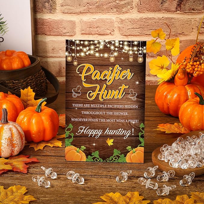 Thyle 51 Pcs Fall Pumpkin Baby Shower Games a Little Pumpkin Is on The Way Thanksgiving Pacifier Hunt Include Hunt Sign and 50 Acrylic Pacifiers for Baby Shower Gender Reveal Autumn Theme Decoration