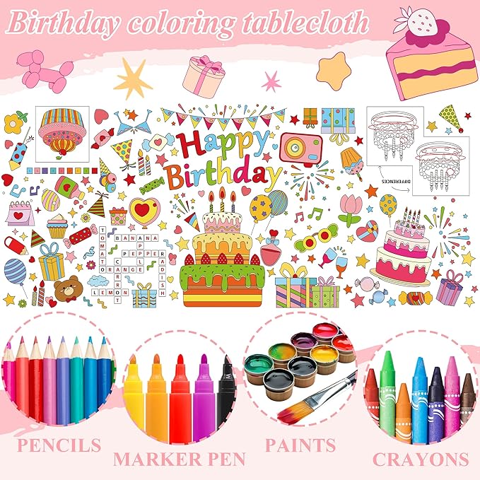 Happy Birthday Giant Coloring Poster 30 x 72 Inches Large Coloring Tablecloth for Kids School Home Party Supplies Decoration