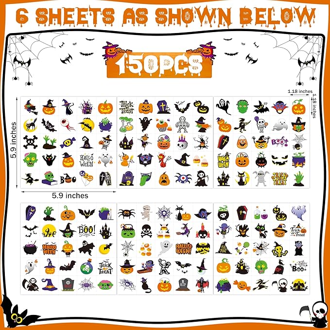 150 PCS Halloween Tattoos for Kids, Waterproof Assorted Halloween Party Favors for Trick or Treat, 150 Different Designs Long Lasting Temporary Tattoos Stickers for Games, Fake Tattoos