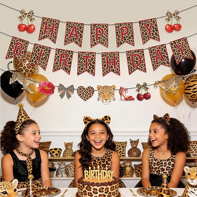 Cheetah Print Birthday Decorations, Cheetah Cherry Happy Birthday Banner Leopard Print Birthday Decorations for Girls Women, Red