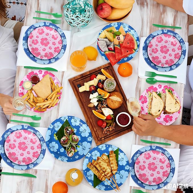 Kochorie 175 Pieces Hawaiian Cartoon Party Supplies Tropical Hawaii Hibiscus Floral Tableware Set 7 Inch & 9 Inch Paper Plates Napkins Cups Cutlery for Birthday Blue Cartoon Party, Serve 25 Guests