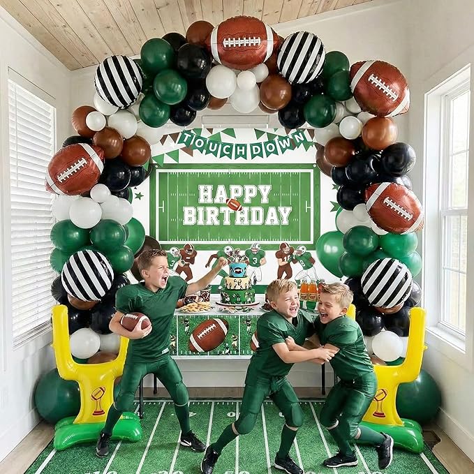 Football Balloon Garland Arch Kit dark green brown Balloons with backdrop Goal Post Mylar Balloons for Sports Birthday Boys first year touch down party decorations