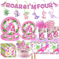 Pink Girl Dinosaur 4th Birthday Decorations for Dino-Four dinosaurs girl Birthday Party Tableware Set include Glitter Roar I'm Four Banner Plates Napkins Cups Tablecloth for 4th Girls Party Supplies