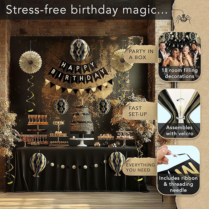 Premium Reusable Birthday Decorations - Multi-occasion Happy Birthday Banner also spells Party Day + more, Fast Assembly with Velcro - Black and Gold Party Decorations for Men and Women