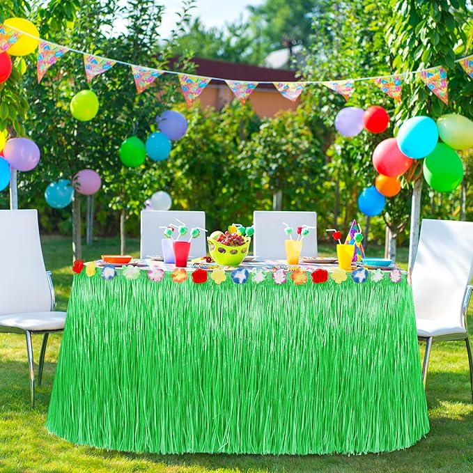 Hawaiian Table Skirt Decor, Gold Green Hawaiian Grass Table Skirt Party Decor, Luau 108 X 29.5" Flower Tropical Hula Dance Home Parties Supplies, Table Skirt Bulk for Summer Beach Themed Activities