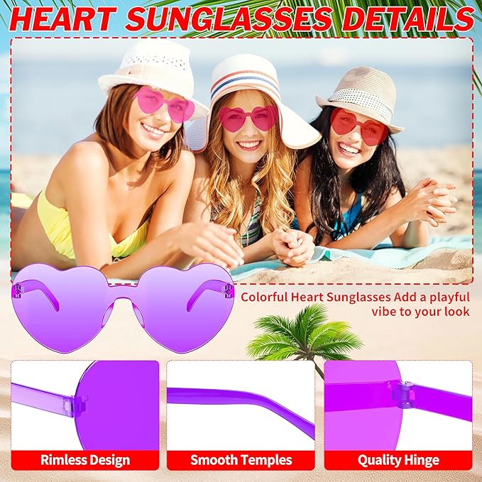 2/4/8/12/20 Pairs Heart Shaped Sunglasses Transparent Heart Glasses Rimless Trendy Eyewear for Valentines Party Favor