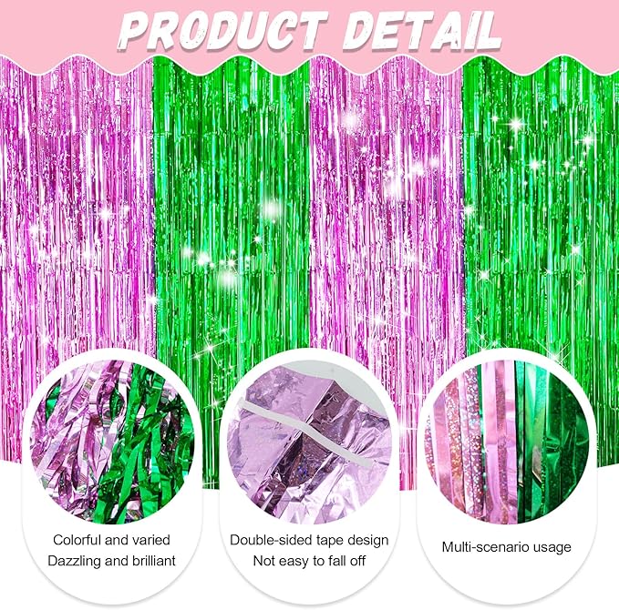 MYUPDALIN 2 Pack Pink and Green Foil Fringe Tinsel Backdrop Party Decorations for Witch Theme Birthday Party Decor