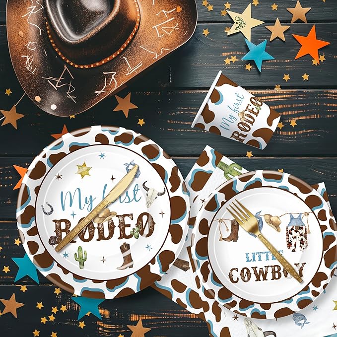 My First Rodeo Birthday Party Supplies Boy - Western Cowboy 1st Birthday Party Tableware, Paper Plate, Cup, Napkin, Disposable Cutlery, Wild West First Table Decorations | Serve 24
