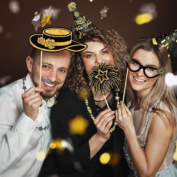 56 PCS New Year’s Eve Party Supplies 2026 Including Happy New Year Hats, Necklaces and New Year Photo Booth Props for New Year's Eve Party Favors (Photo Booth Props)