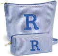 Initial Makeup Bag Set for Women - Personalized Travel Pouch, Portable Cosmetic Bag Make up Kit Pouch | Travel Essentials Cute Makeup Bag Birthday Gifts for Women, Blue Letter R