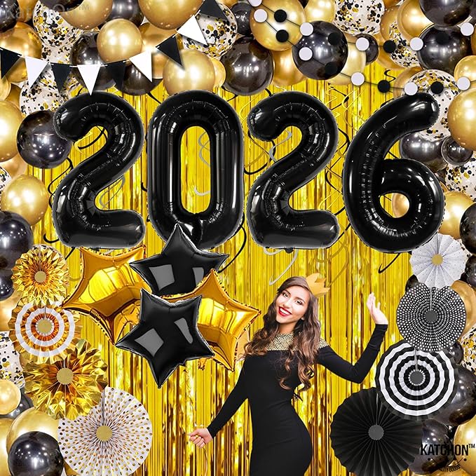 Katchon, New Years Eve Party Supplies 2026 - Huge, Pack of 115 | Happy New Year 2026 Balloons Arch Kit | Gold Fringe Backdrop Curtain, New Year Balloons | New Years Decorations 2026, Nye Decorations