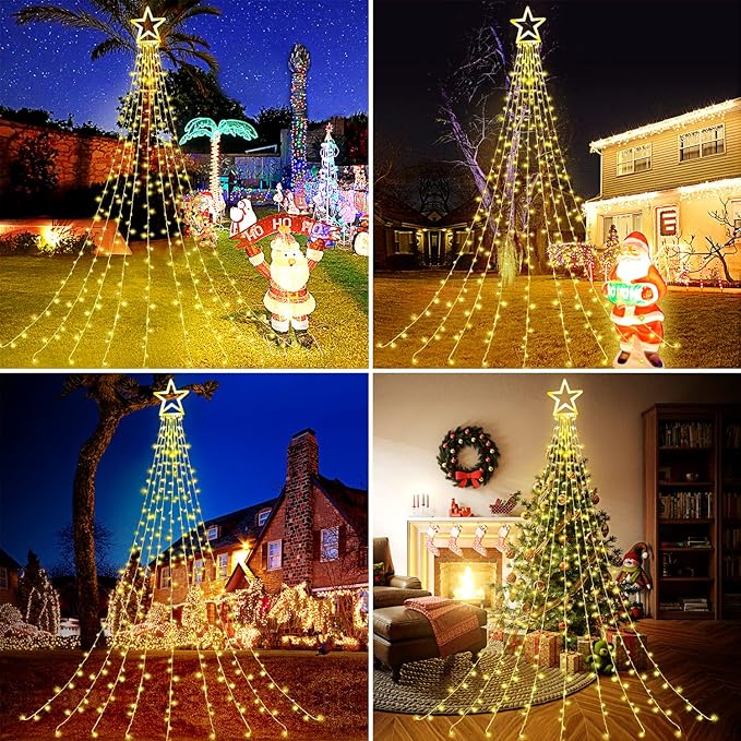 Christmas Decorations Star String Lights, 320 LEDs Outdoor Waterfall Tree Lights with 13" Topper Star, Plug in Waterproof Hanging Fairy Lights for Xmas New Year Holiday Party Yard Decor (Warm White)