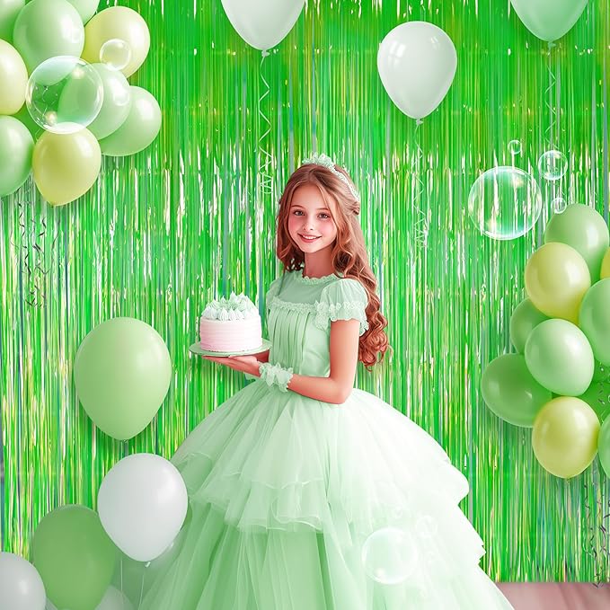 4 Pack Pink & Green Party Streamers Backdrop Curtains, 3.3x8.2ft Holographic Tinsel Foil Curtain Photo Booth Props for Birthday, Wedding, Holiday Celebration, Bachelorette, Theme Decorations