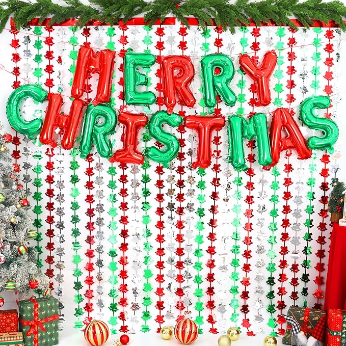 2Pack Christmas Foil Fringe Curtains with Merry Christmas Balloons, 3.3 x 6.6Ft Bell Backdrop Tinsel Photo Booth Props Streamers for New Year Ugly Sweater Xmas Party Decorations Supplies