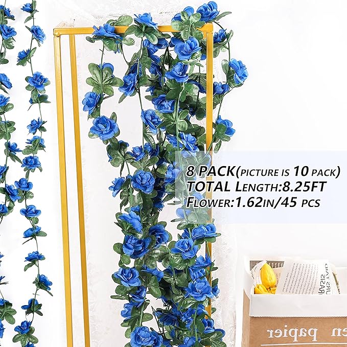 Miracliy 8Pcs 66FT Blue Flower Garland, Artificial Rose Floral Vines Fake Hanging Spring Flower Garland for Wall Backdrop Wedding Arch Tea Party Door Mantle Decoration