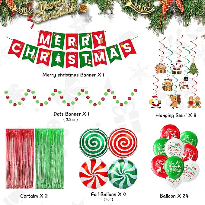 Christmas Party Supplies Decorations Set, Merry Christmas Banner, Foil Balloons, Hanging Swirls, Red and Green Metallic Fringe Curtains, Circle Dots Garland