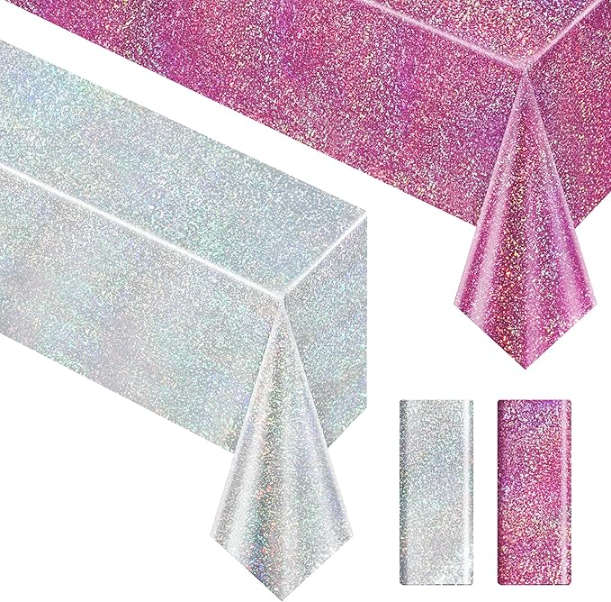Sparkling Holographic Laser Tablecloth - Shimmering, Waterproof, Easy to Clean - Ideal for Bachelorette, Birthday, Wedding, and Anniversary Party Decorations (Pink & Silver, 2)