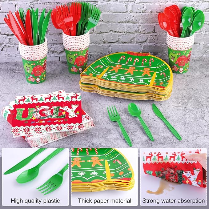 durony 168 Pieces Ugly Sweater Christmas Paper Plates Ugly Sweater Party Decorations Xmas Disposable Dinnerware Set Ugly Party Plates Napkins Cups Cutlery Party Supplies Set, Serves 24 Guests