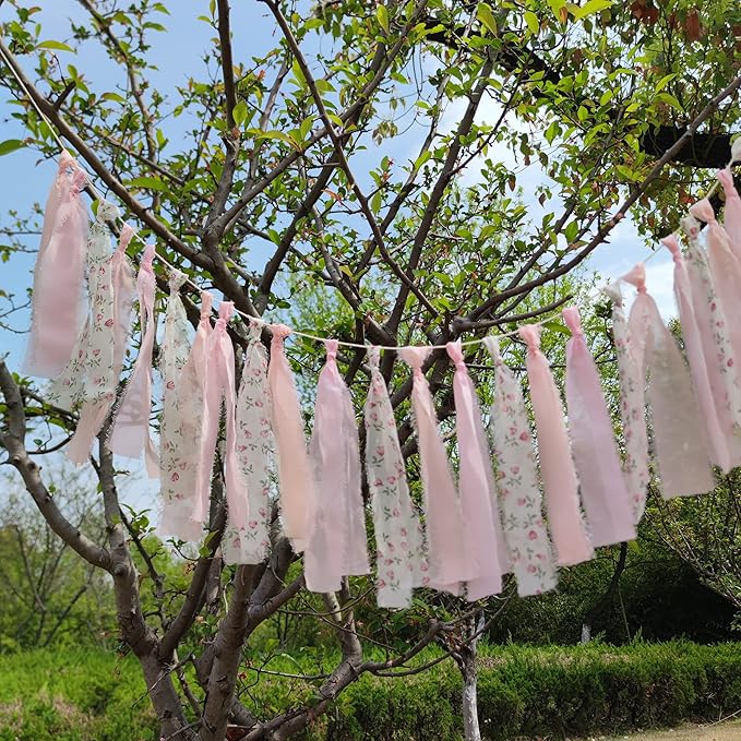 Pink Floral Tsaasel Garland for Wedding Spring Tea Party Haning Chiffon Tassel Banner Table Decor
