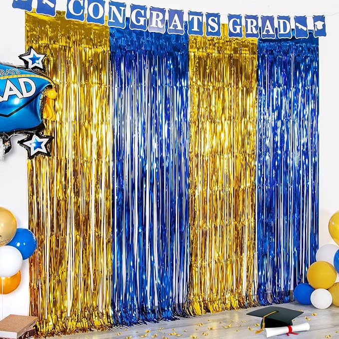 LOLStar Graduation Party Decoration, 2 Pack Blue and Gold 3.3x6.6 ft Foil Fringe Curtains, Tinsel Backdrop, Graduation Photo Booth Prop Streamer Backdrop for Class of 2026, Prom and Grad Party Decor