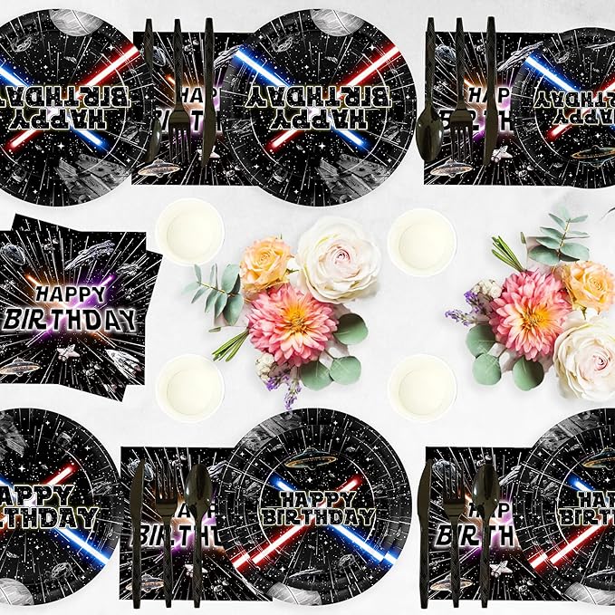 168pcs Galaxy Birthday Party Plate Napkin Disposable Tableware Set Paper Cup Black Forks Space Theme Decorations for Birthday Party Supplies Serve 24 Guests