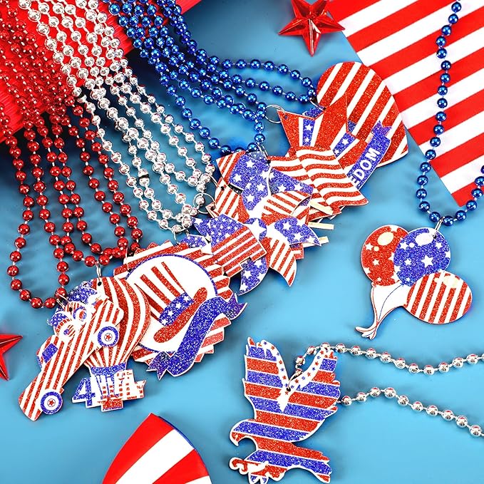 NOVWANG 24 Pcs Patriotic Beaded Necklaces Veterans Day Necklace Bulk with Felt Pendant in 12 Classic Styles for 4th of July Independence Day Memorial Day Veterans Day Party Supplies