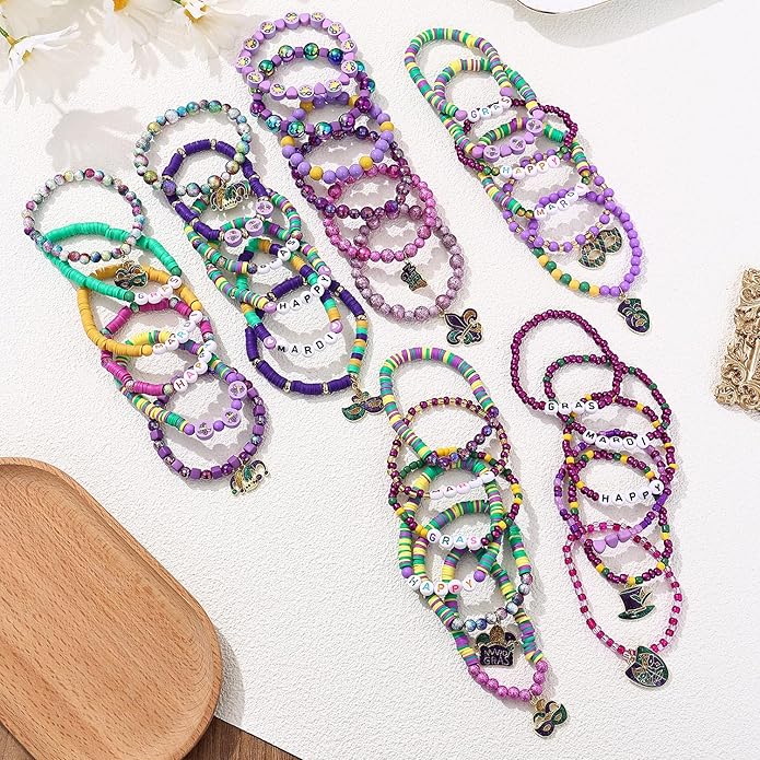 Cooluckday 36 Pcs Holiday Heishi Surfer Bracelets for Women Bulk Easter Mother's Day Christmas St. Patrick's Day Mardi Gras Bracelet Stackable Stretch Friendship Bracelets Set