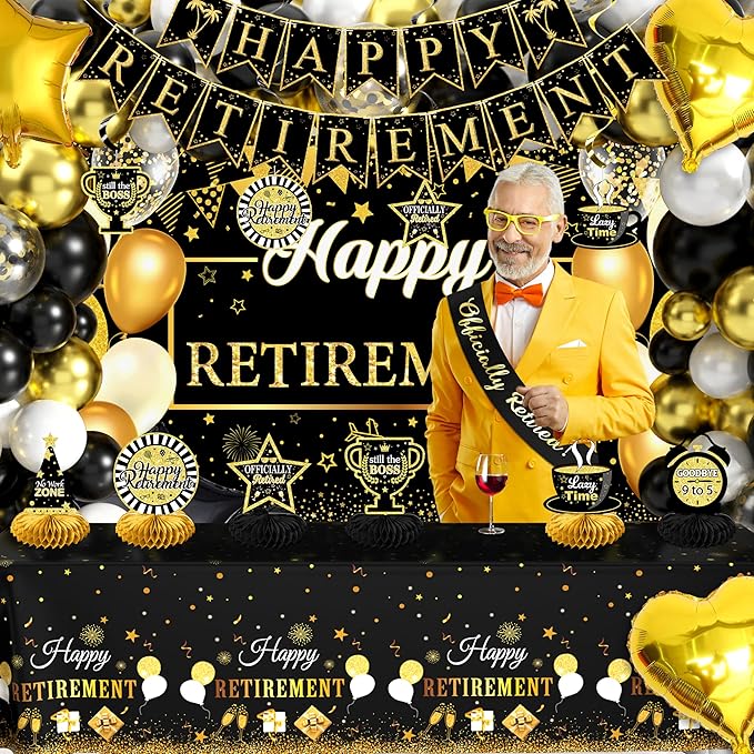 Retirement Party Decorations for Men Women 109Pcs Black Gold Happy Retirement Set Retired Banner Backdrop Balloons Sash Swirls Pompoms Tablecloth Honeycomb - Indoor Outdoor Reusable