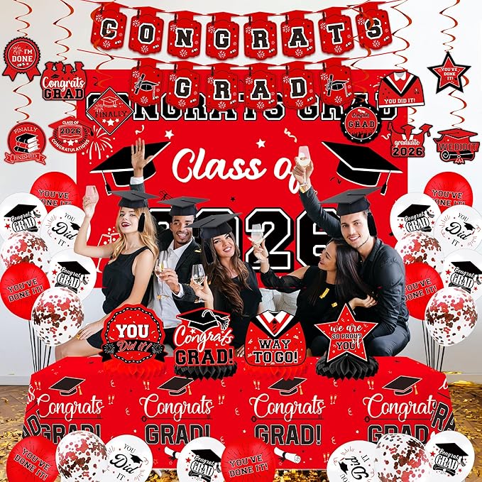 Graduation Decorations 2026, Class of 2026 Backdrop, Banner, 2026 Foil Balloons, Tablecloth, Hanging Swirls, Honeycomb Centerpieces, Party Supplies Decorations Set for College (RED)